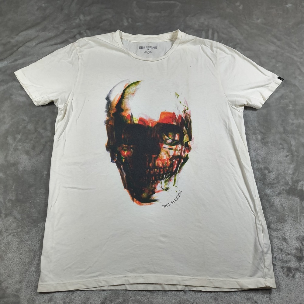 True Religion Men Large White Distorted Skull Crew Neck Made In USA Short Sleeve